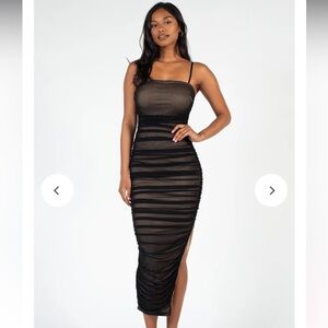 Black Kaia Ruched Mesh Midi Dress. Brand- Honey